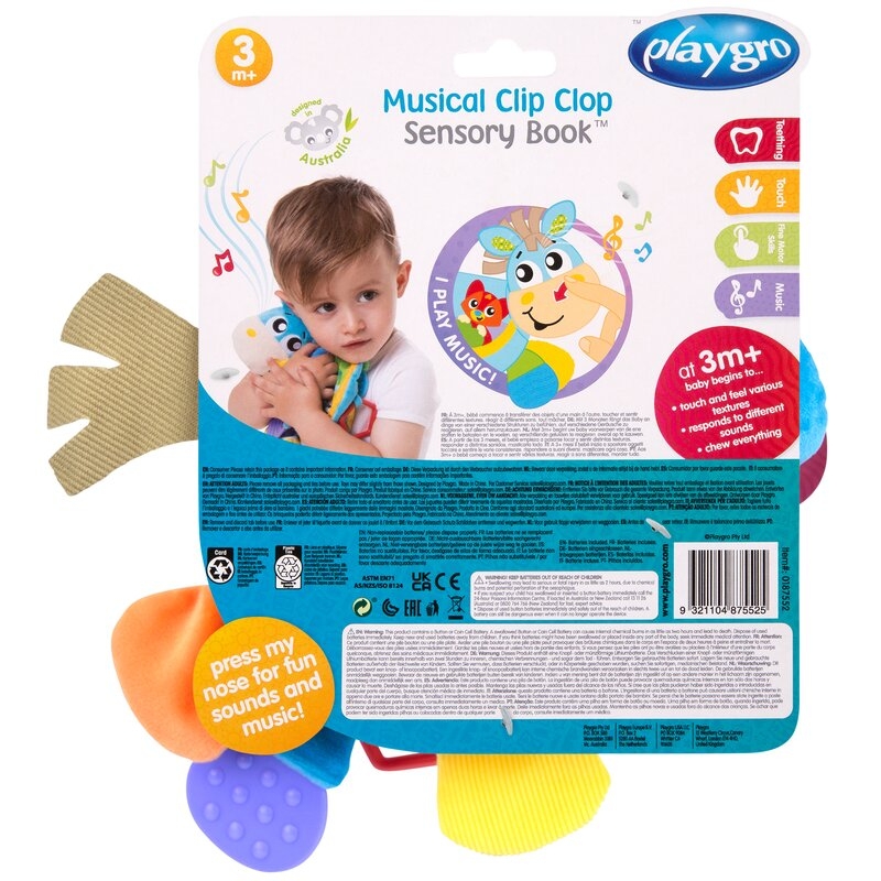 Jucarie din plus, Playgro, Clip Clop, Carticica tactila, Stimuleaza dezvoltarea senzoriala, Cu inele pentru dentitie, Cu diverse forme si texturi, 3 luni+, Musical Clip Clop Teether Book