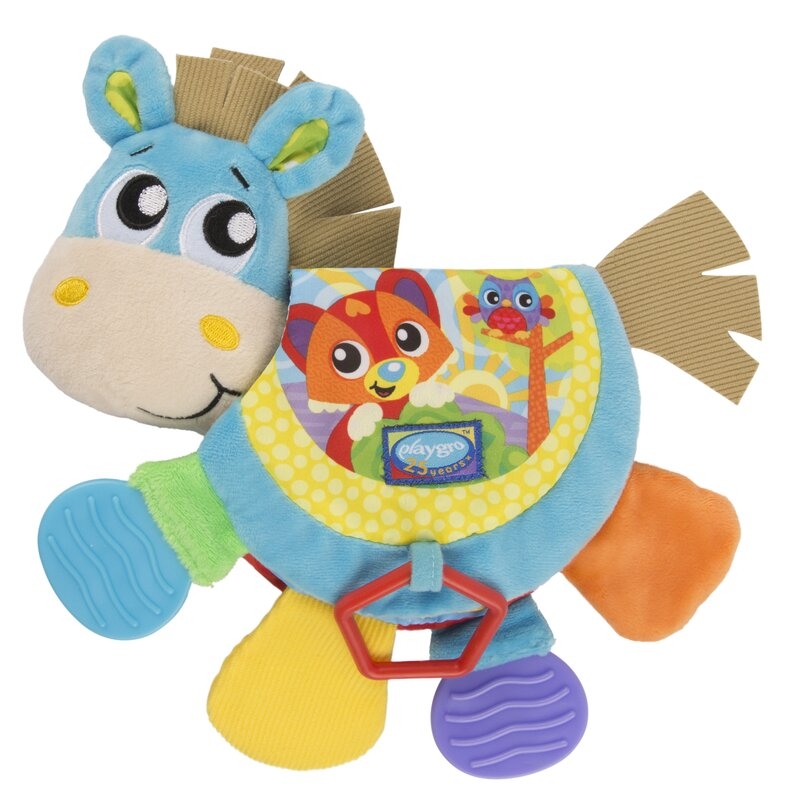 Jucarie din plus, Playgro, Clip Clop, Carticica tactila, Stimuleaza dezvoltarea senzoriala, Cu inele pentru dentitie, Cu diverse forme si texturi, 3 luni+, Musical Clip Clop Teether Book