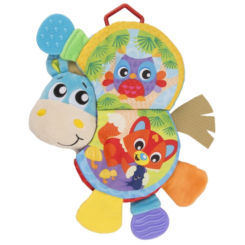Jucarie din plus, Playgro, Clip Clop, Carticica tactila, Stimuleaza dezvoltarea senzoriala, Cu inele pentru dentitie, Cu diverse forme si texturi, 3 luni+, Musical Clip Clop Teether Book
