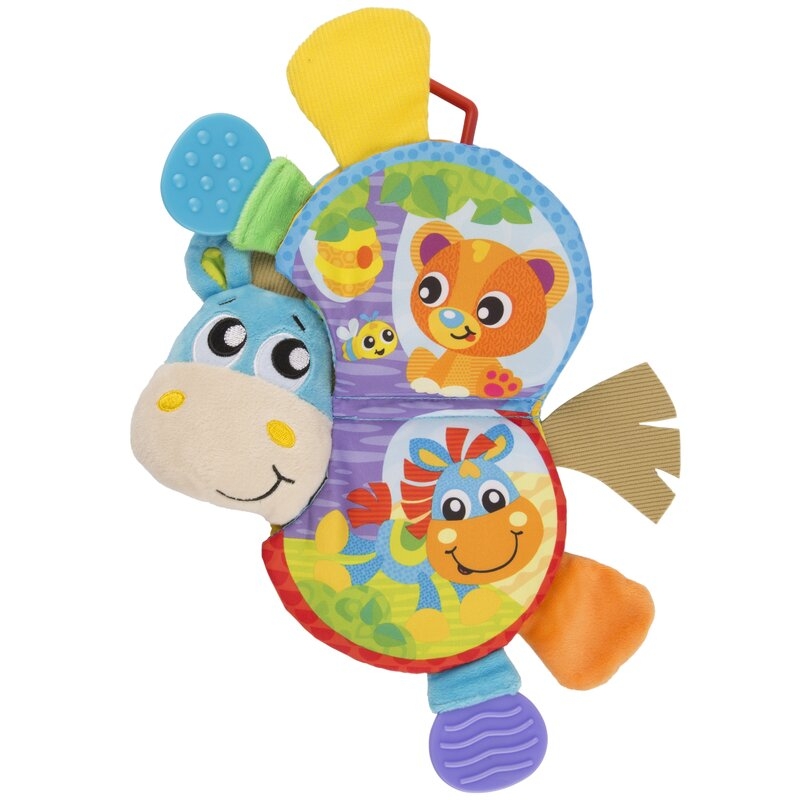 Jucarie din plus, Playgro, Clip Clop, Carticica tactila, Stimuleaza dezvoltarea senzoriala, Cu inele pentru dentitie, Cu diverse forme si texturi, 3 luni+, Musical Clip Clop Teether Book