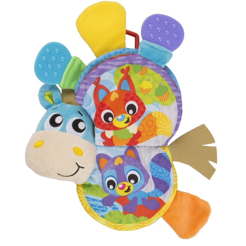 Jucarie din plus, Playgro, Clip Clop, Carticica tactila, Stimuleaza dezvoltarea senzoriala, Cu inele pentru dentitie, Cu diverse forme si texturi, 3 luni+, Musical Clip Clop Teether Book