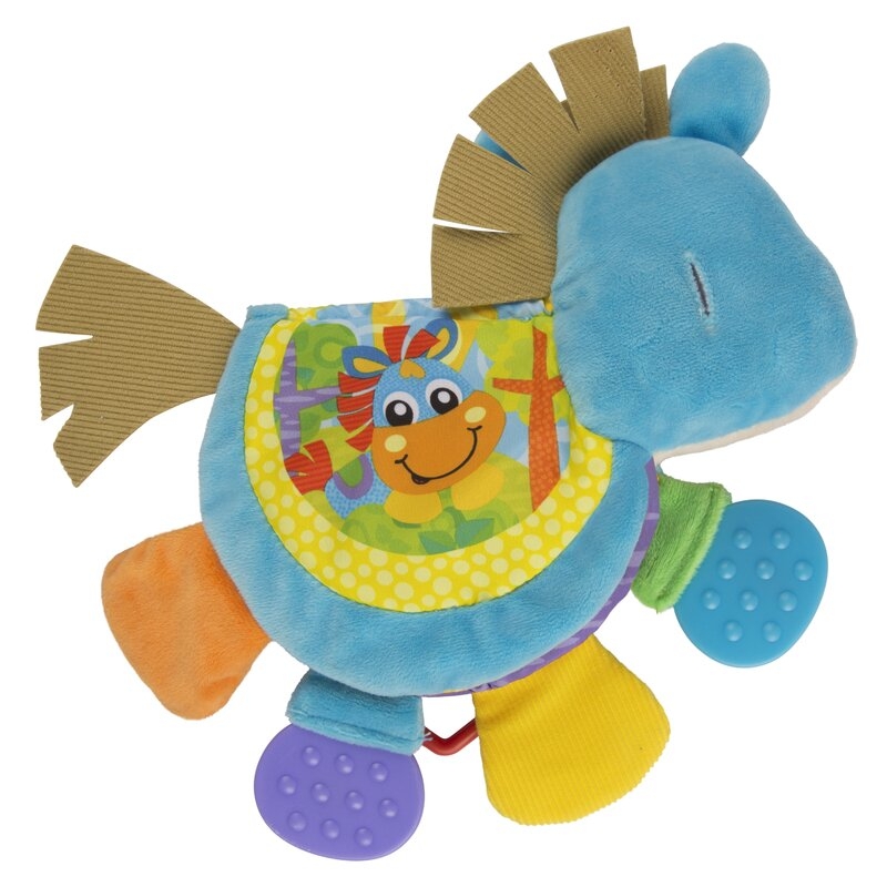 Jucarie din plus, Playgro, Clip Clop, Carticica tactila, Stimuleaza dezvoltarea senzoriala, Cu inele pentru dentitie, Cu diverse forme si texturi, 3 luni+, Musical Clip Clop Teether Book