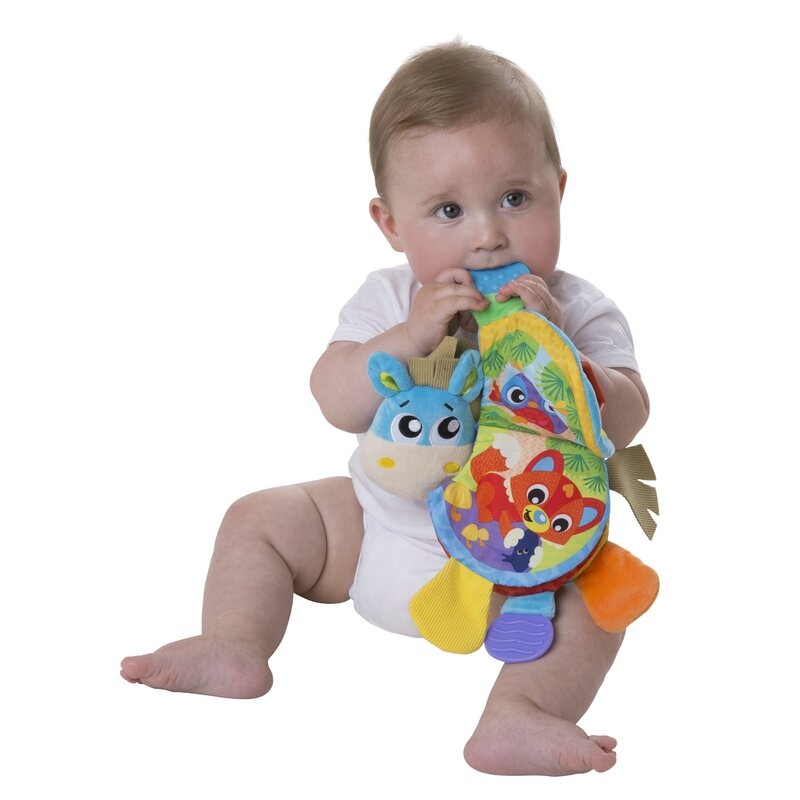 Jucarie din plus, Playgro, Clip Clop, Carticica tactila, Stimuleaza dezvoltarea senzoriala, Cu inele pentru dentitie, Cu diverse forme si texturi, 3 luni+, Musical Clip Clop Teether Book