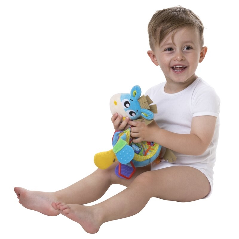 Jucarie din plus, Playgro, Clip Clop, Carticica tactila, Stimuleaza dezvoltarea senzoriala, Cu inele pentru dentitie, Cu diverse forme si texturi, 3 luni+, Musical Clip Clop Teether Book