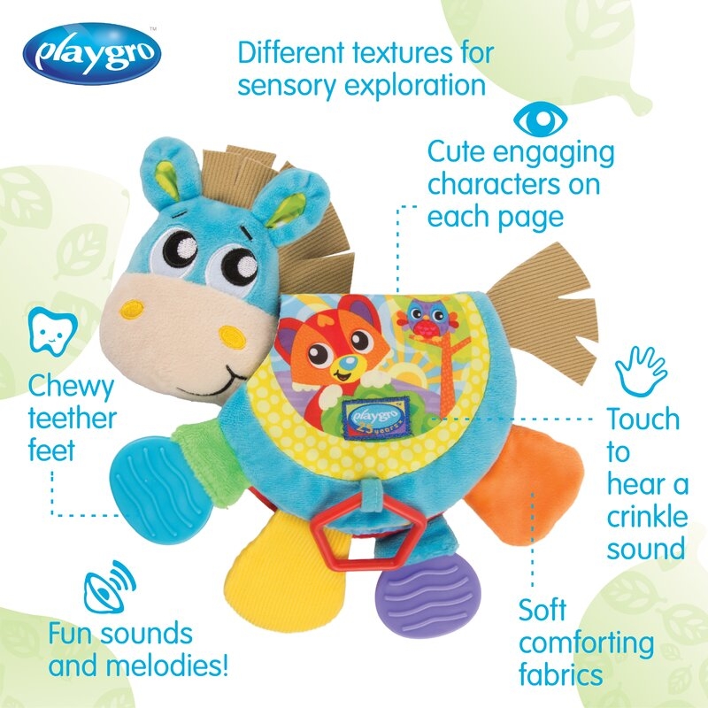 Jucarie din plus, Playgro, Clip Clop, Carticica tactila, Stimuleaza dezvoltarea senzoriala, Cu inele pentru dentitie, Cu diverse forme si texturi, 3 luni+, Musical Clip Clop Teether Book