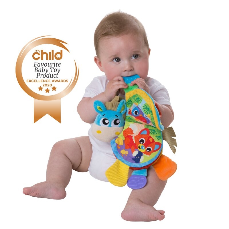 Jucarie din plus, Playgro, Clip Clop, Carticica tactila, Stimuleaza dezvoltarea senzoriala, Cu inele pentru dentitie, Cu diverse forme si texturi, 3 luni+, Musical Clip Clop Teether Book