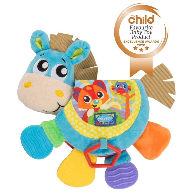 Jucarie din plus, Playgro, Clip Clop, Carticica tactila, Stimuleaza dezvoltarea senzoriala, Cu inele pentru dentitie, Cu diverse forme si texturi, 3 luni+, Musical Clip Clop Teether Book