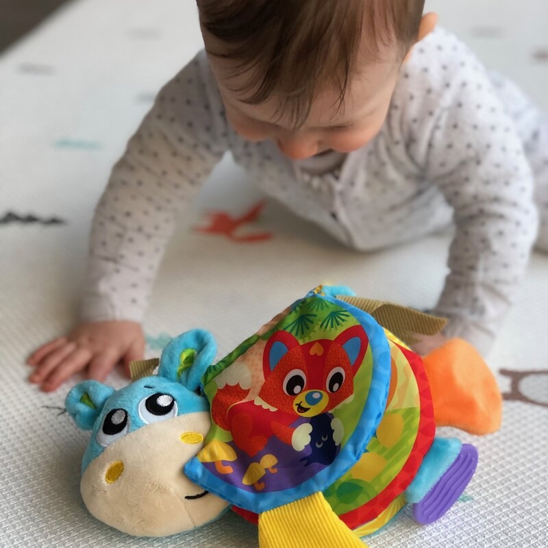 Jucarie din plus, Playgro, Clip Clop, Carticica tactila, Stimuleaza dezvoltarea senzoriala, Cu inele pentru dentitie, Cu diverse forme si texturi, 3 luni+, Musical Clip Clop Teether Book