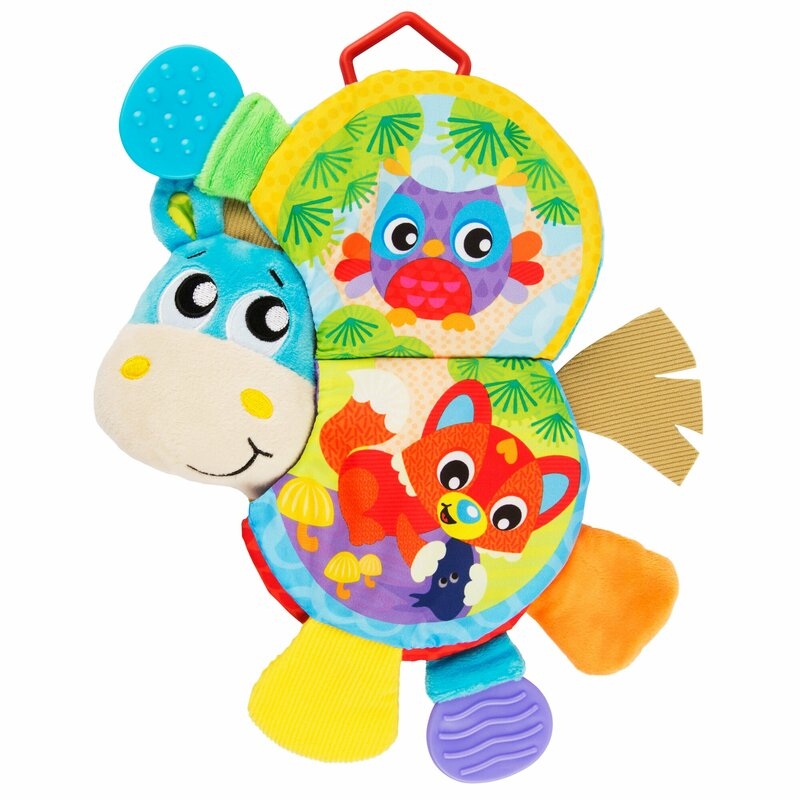 Jucarie din plus, Playgro, Clip Clop, Carticica tactila, Stimuleaza dezvoltarea senzoriala, Cu inele pentru dentitie, Cu diverse forme si texturi, 3 luni+, Musical Clip Clop Teether Book