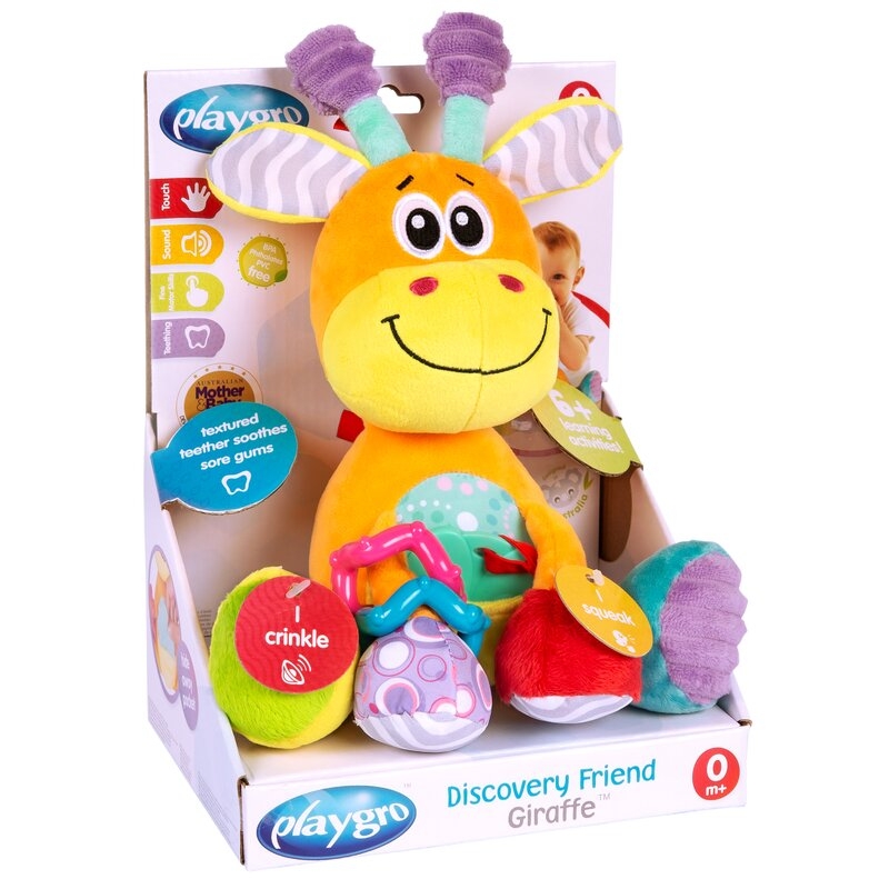 Jucarie din plus, Playgro, Discovery, Stimuleaza dezvoltarea senzoriala, Cu inele pentru dentitie, Cu diverse forme si texturi, 0 luni+, Discovery Friend Giraffe