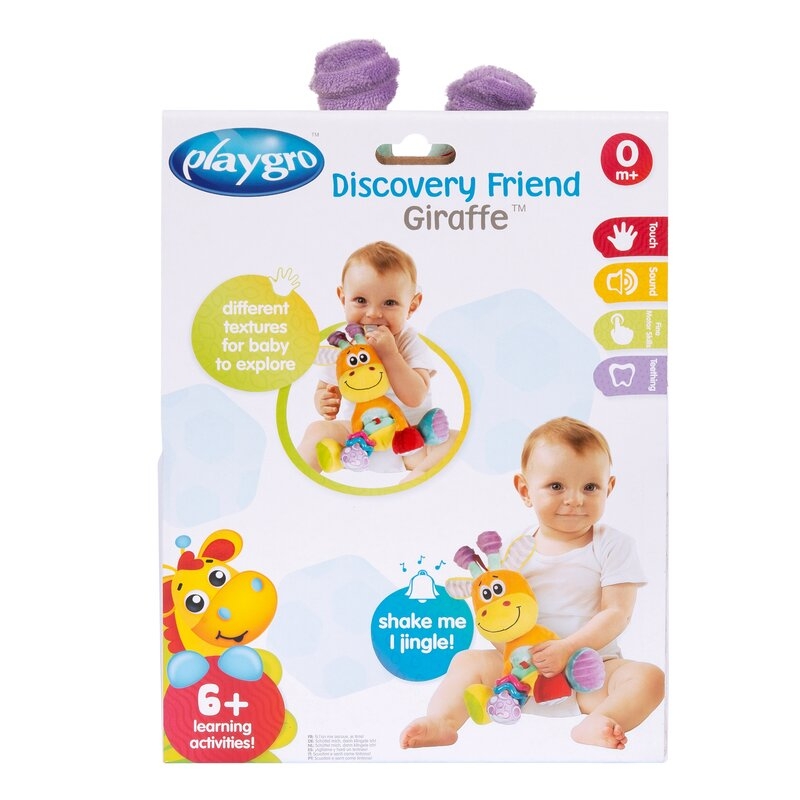 Jucarie din plus, Playgro, Discovery, Stimuleaza dezvoltarea senzoriala, Cu inele pentru dentitie, Cu diverse forme si texturi, 0 luni+, Discovery Friend Giraffe