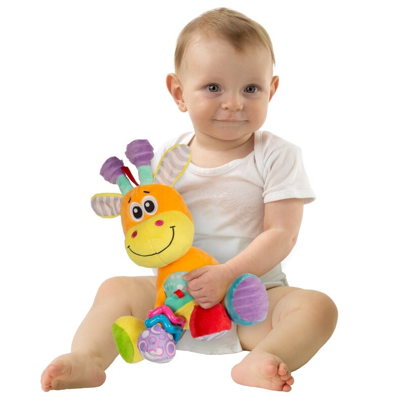 Jucarie din plus, Playgro, Discovery, Stimuleaza dezvoltarea senzoriala, Cu inele pentru dentitie, Cu diverse forme si texturi, 0 luni+, Discovery Friend Giraffe