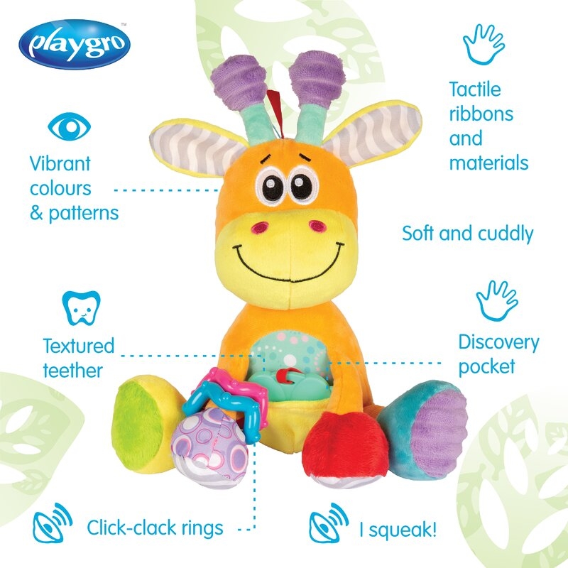 Jucarie din plus, Playgro, Discovery, Stimuleaza dezvoltarea senzoriala, Cu inele pentru dentitie, Cu diverse forme si texturi, 0 luni+, Discovery Friend Giraffe