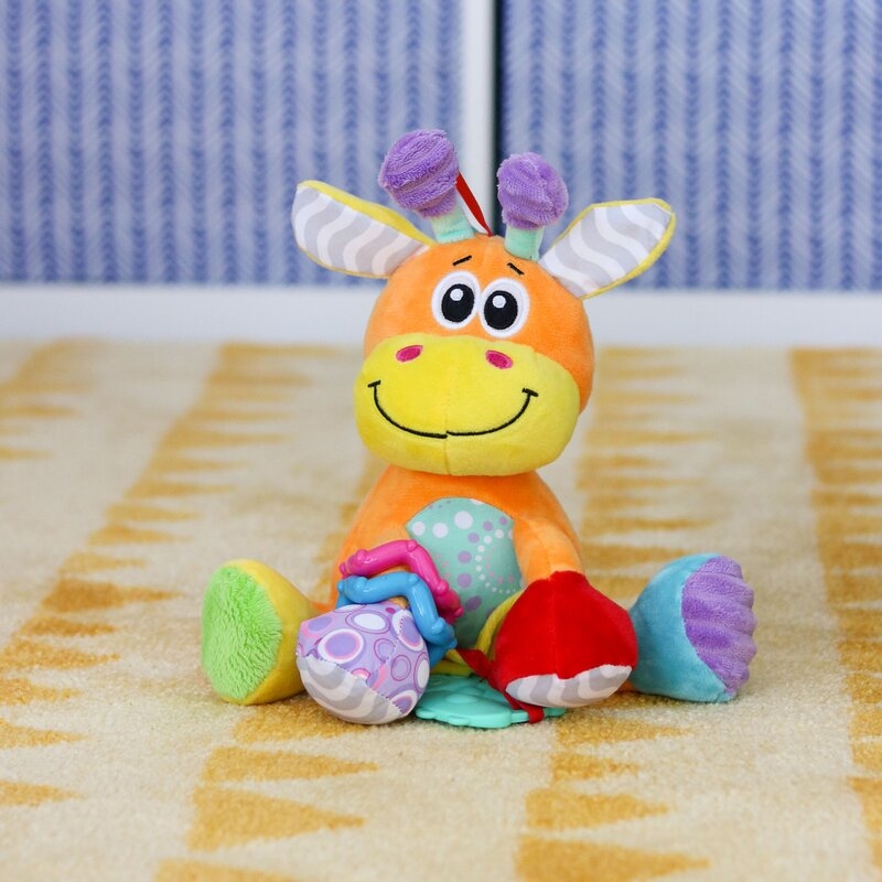 Jucarie din plus, Playgro, Discovery, Stimuleaza dezvoltarea senzoriala, Cu inele pentru dentitie, Cu diverse forme si texturi, 0 luni+, Discovery Friend Giraffe