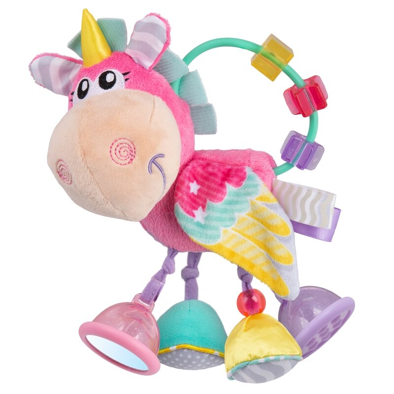 Jucarie din plus, Playgro, Stimuleaza dezvoltarea senzoriala, Utila pentru dentitie, Cu diverse forme si texturi, Cu margele si parti zornaitoare, 0 luni+, Unicorn Activity Rattle