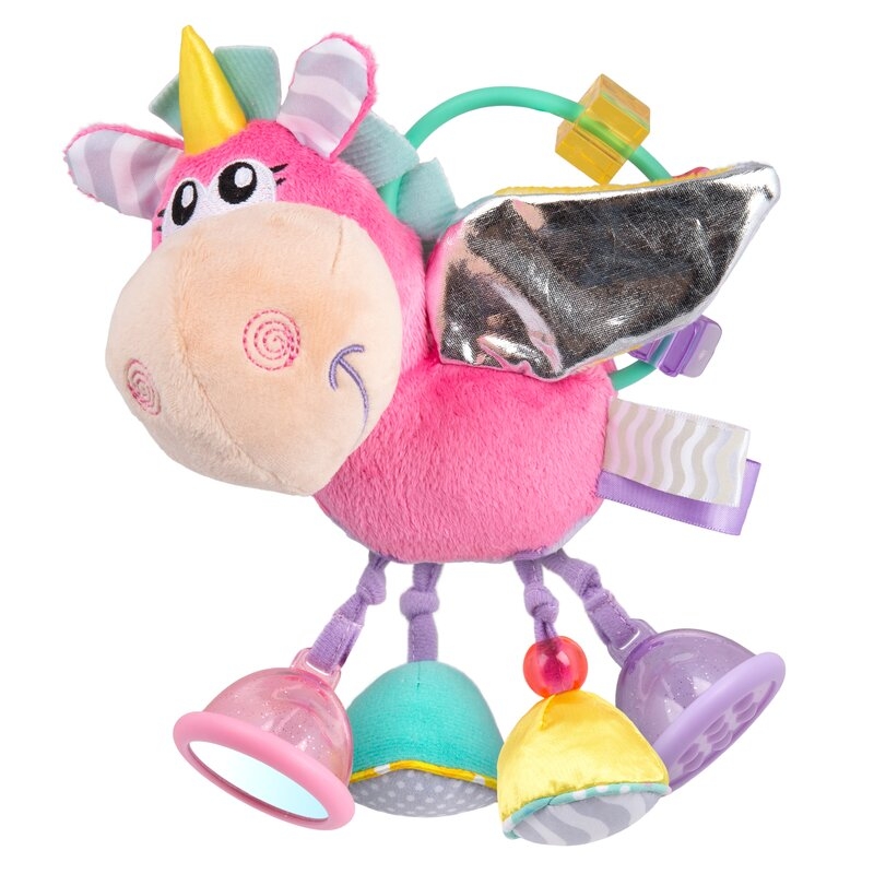 Jucarie din plus, Playgro, Stimuleaza dezvoltarea senzoriala, Utila pentru dentitie, Cu diverse forme si texturi, Cu margele si parti zornaitoare, 0 luni+, Unicorn Activity Rattle