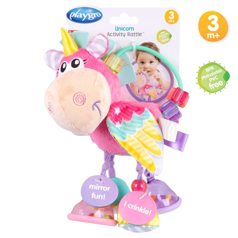 Jucarie din plus, Playgro, Stimuleaza dezvoltarea senzoriala, Utila pentru dentitie, Cu diverse forme si texturi, Cu margele si parti zornaitoare, 0 luni+, Unicorn Activity Rattle