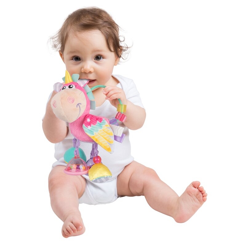 Jucarie din plus, Playgro, Stimuleaza dezvoltarea senzoriala, Utila pentru dentitie, Cu diverse forme si texturi, Cu margele si parti zornaitoare, 0 luni+, Unicorn Activity Rattle