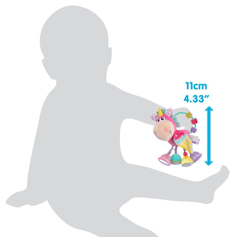 Jucarie din plus, Playgro, Stimuleaza dezvoltarea senzoriala, Utila pentru dentitie, Cu diverse forme si texturi, Cu margele si parti zornaitoare, 0 luni+, Unicorn Activity Rattle