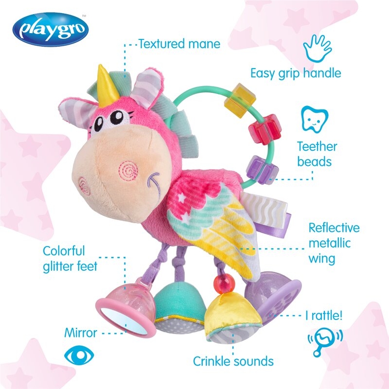 Jucarie din plus, Playgro, Stimuleaza dezvoltarea senzoriala, Utila pentru dentitie, Cu diverse forme si texturi, Cu margele si parti zornaitoare, 0 luni+, Unicorn Activity Rattle