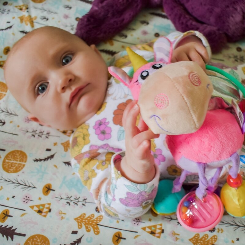 Jucarie din plus, Playgro, Stimuleaza dezvoltarea senzoriala, Utila pentru dentitie, Cu diverse forme si texturi, Cu margele si parti zornaitoare, 0 luni+, Unicorn Activity Rattle