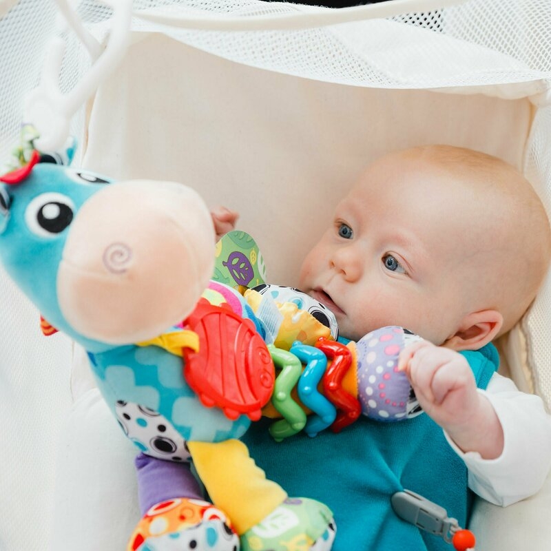 Jucarie mare pentru carucior, scoica auto si patut, Cu jucarie de dentitie, Cu sunete, Activity Friend Clip Clop, 39 cm, Playgro