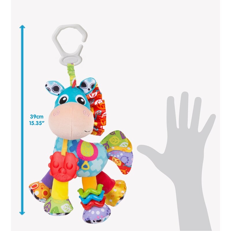 Jucarie mare pentru carucior, scoica auto si patut, Cu jucarie de dentitie, Cu sunete, Activity Friend Clip Clop, 39 cm, Playgro