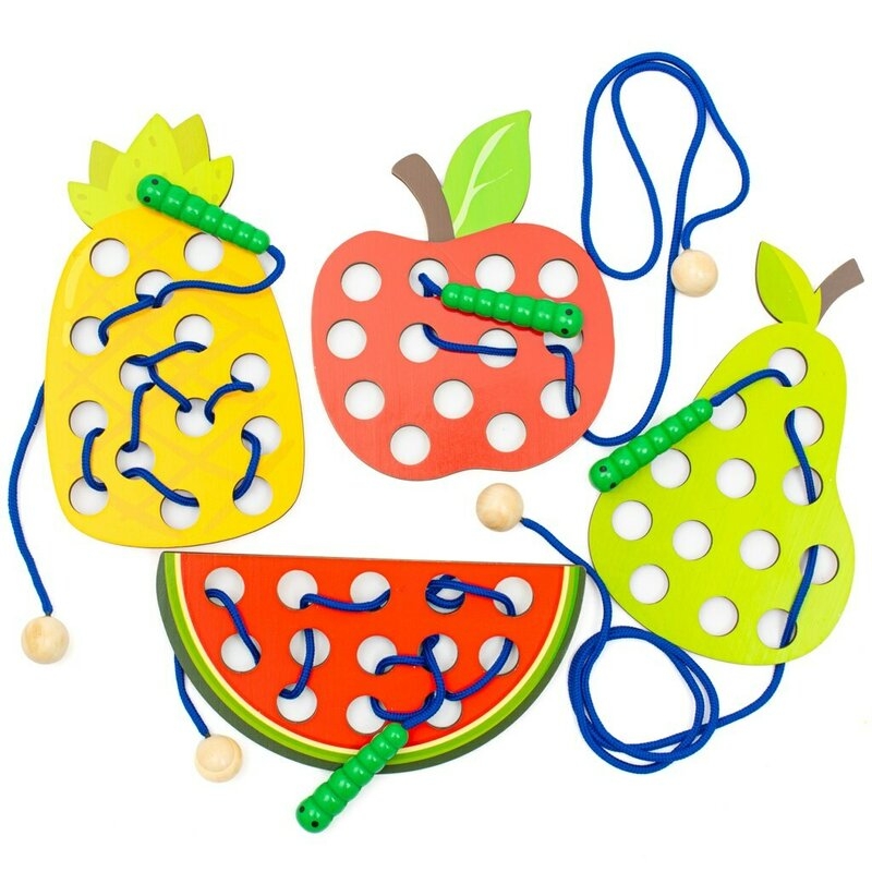 Jucarie Montessori de snuruit, Baby Mix, Dezvolta abilitatile motorii fine, a concentrarii si a rabdarii, Lemn si snur moale din bumbac, 36 luni+, Vegetables and Fruits