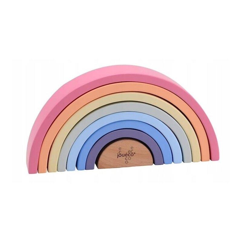 Jucarie pentru stivuire, Joueco, Din lemn certificat FSC, Curcubeu, 4.9x26.1x13 cm, 8 piese, 12 luni+, Multicolor