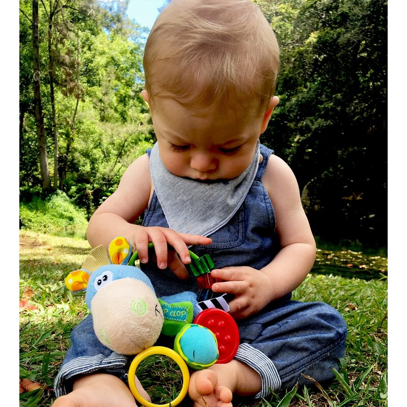 Jucarie zornaitoare si de dentitie, Playgro, Cu activitati, Cu jucarii de dentitie, Cu margele, Cu diferite texturi, Clip Clop Activity Rattle, 11 cm