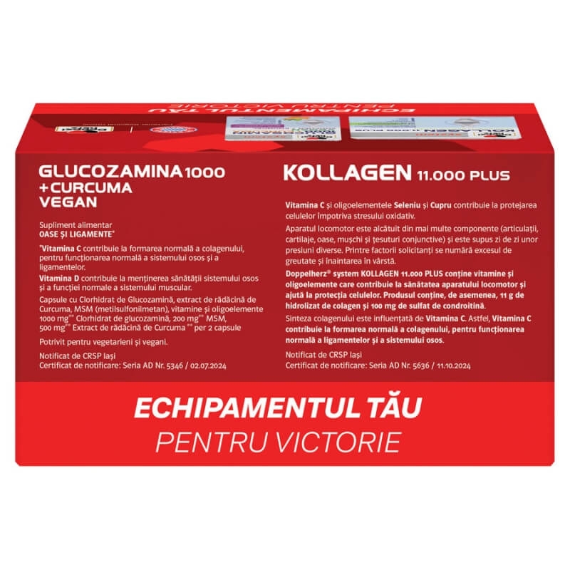 Pachet Kollagen 11.000 Plus System, 30 flacoane + Glucozamina 1000 + Curcuma Vegan System, 60 comprimate, Doppelherz Pachet Kollagen 11.000 Plus System, 30 flacoane + Glucozamina 1000 + Curcuma Vegan System, 60 comprimate, Doppelherz