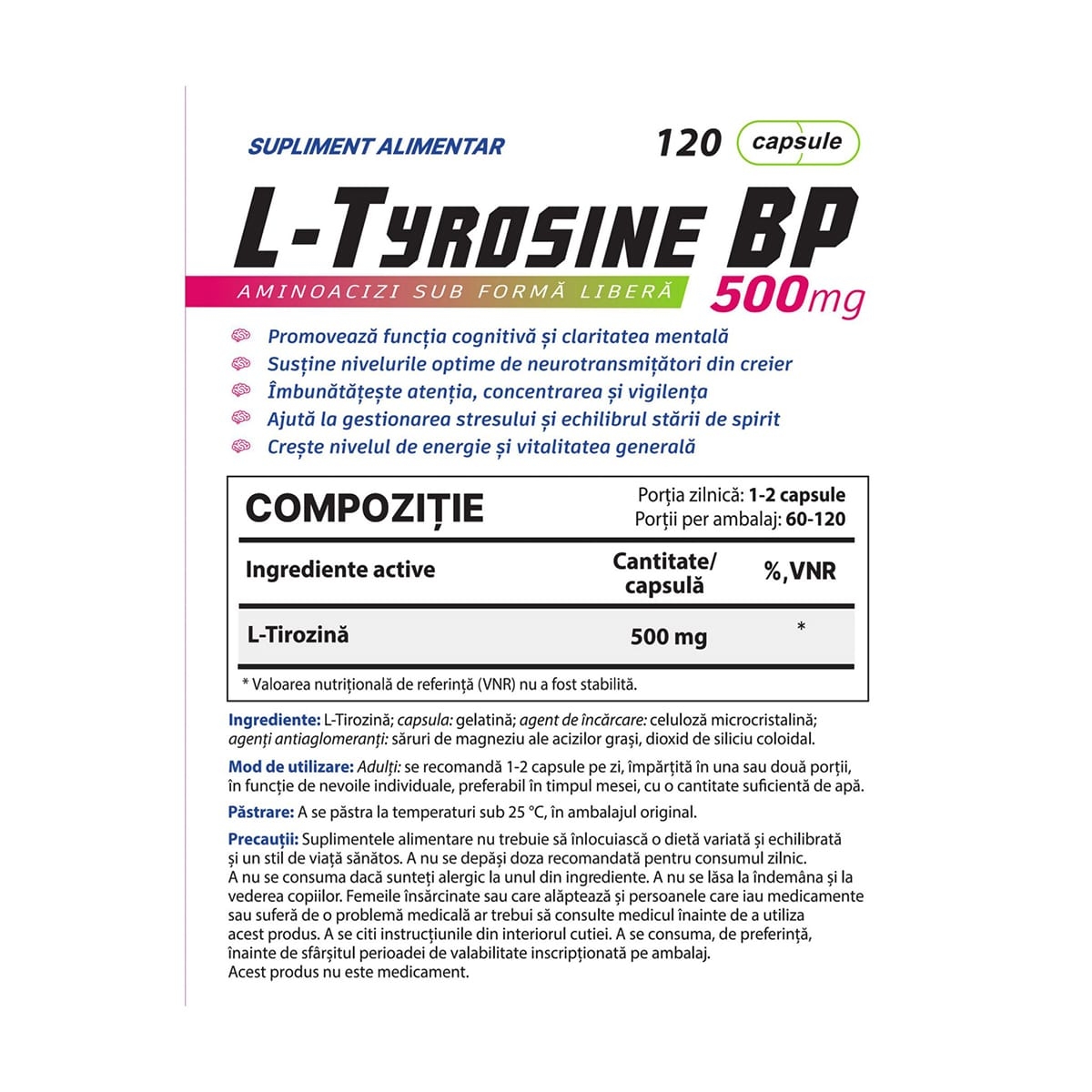 L-Tirozina 500 mg, 120 capsule, Balkan Pharmaceuticals