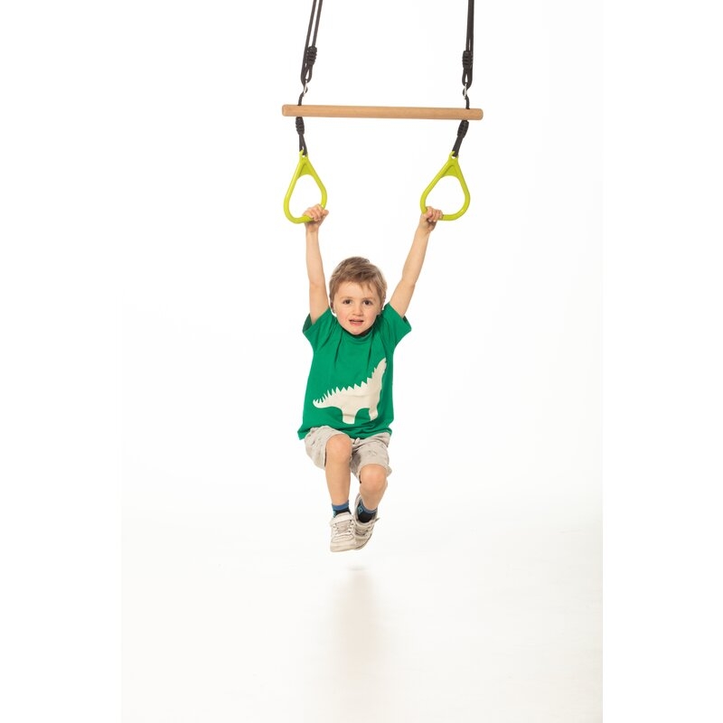 Leagan, Dice, In forma de trapez, Cu inele de plastic si suprafata din lemn, Cu franghie, Ajustabil pe inaltime pana la 250 cm, 9-36 luni, Lime Green
