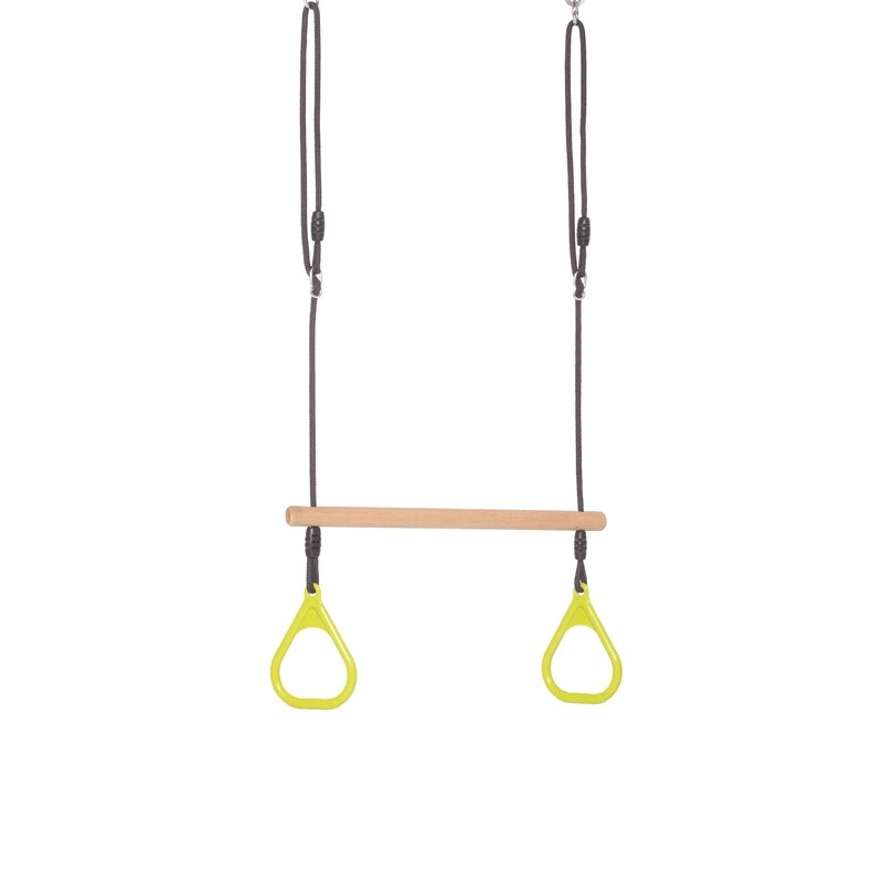 Leagan, Dice, In forma de trapez, Cu inele de plastic si suprafata din lemn, Cu franghie, Ajustabil pe inaltime pana la 250 cm, 9-36 luni, Lime Green