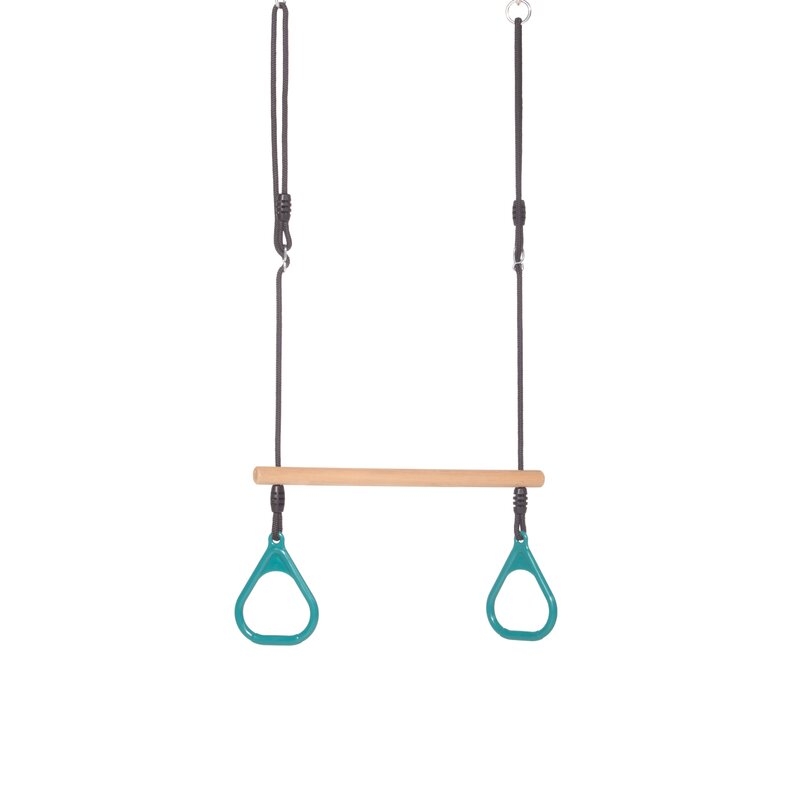 Leagan, Dice, In forma de trapez, Cu inele de plastic si suprafata din lemn, Cu franghie, Ajustabil pe inaltime pana la 250 cm, 9-36 luni, Turquoise