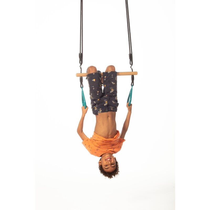 Leagan, Dice, In forma de trapez, Cu inele de plastic si suprafata din lemn, Cu franghie, Ajustabil pe inaltime pana la 250 cm, 9-36 luni, Turquoise