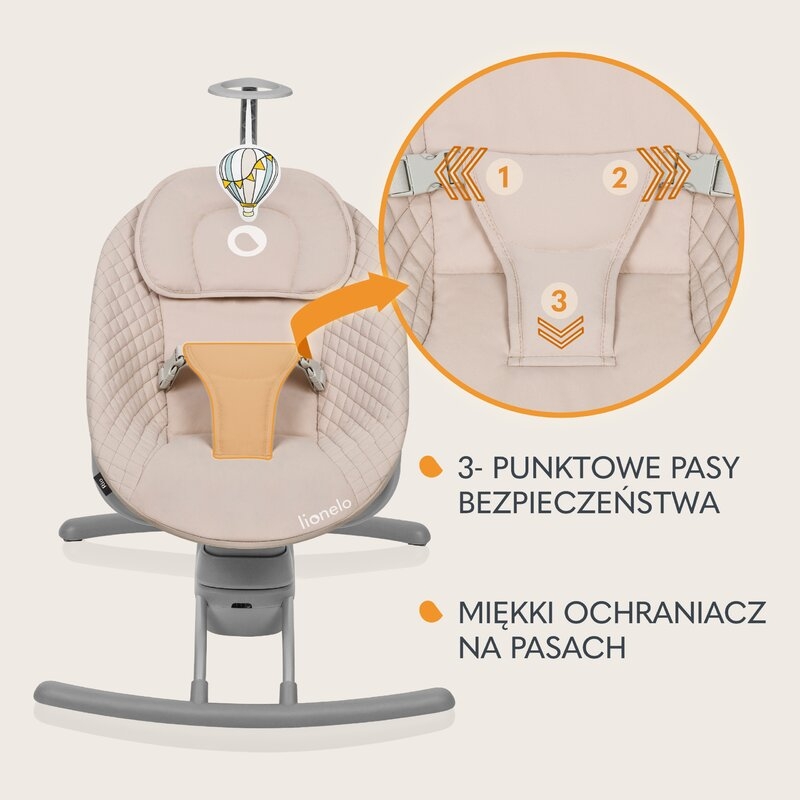 Leagan, Lionelo, Rio, Electric, Cu 3 viteze de leganare, Cu 8 melodii, Cu telecomanda, Cu husa detasabila, Cu perna detasabila, Centura in 3 puncte, Pana la 9 kg, Bej