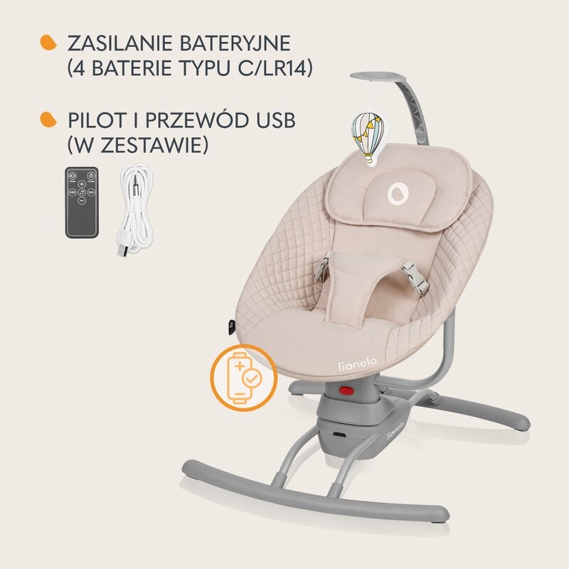 Leagan, Lionelo, Rio, Electric, Cu 3 viteze de leganare, Cu 8 melodii, Cu telecomanda, Cu husa detasabila, Cu perna detasabila, Centura in 3 puncte, Pana la 9 kg, Bej
