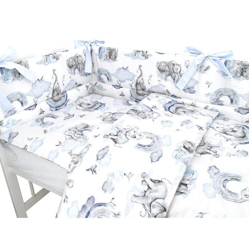 Lenjerie patut 3 piese, Qmini, Pentru patut 120x60 cm, Cu protectie laterala, Din bumbac certificat Oeko Tex Standard 100, Elephants on Rainbow Blue