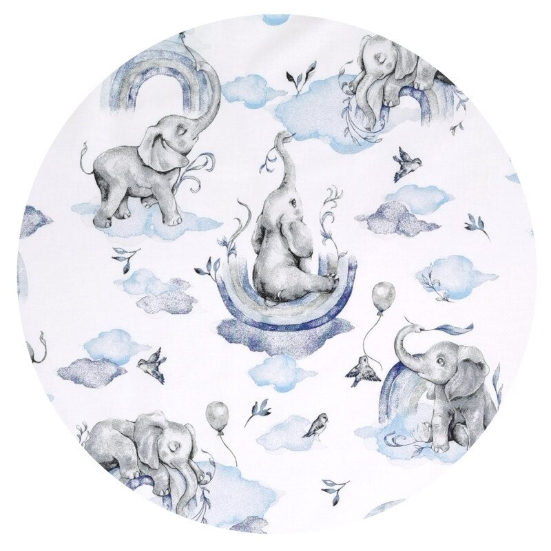 Lenjerie patut 3 piese, Qmini, Pentru patut 120x60 cm, Cu protectie laterala, Din bumbac certificat Oeko Tex Standard 100, Elephants on Rainbow Blue