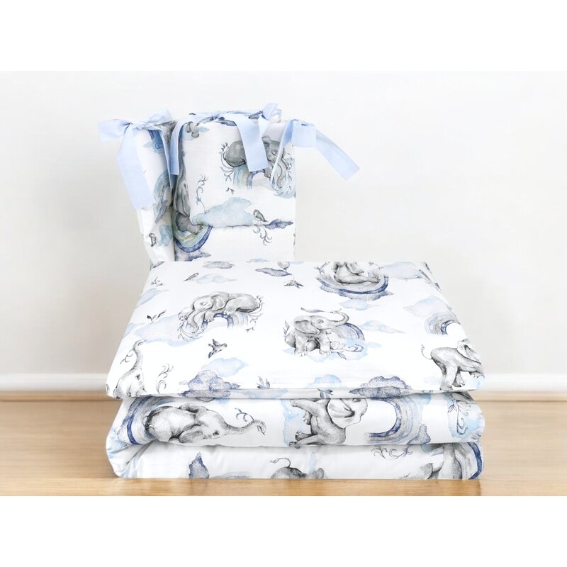 Lenjerie patut 3 piese, Qmini, Pentru patut 120x60 cm, Cu protectie laterala, Din bumbac certificat Oeko Tex Standard 100, Elephants on Rainbow Blue