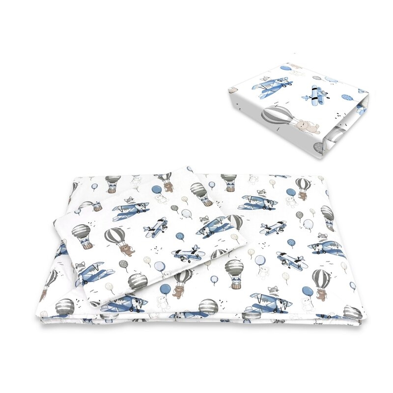 Lenjerie patut cu 5 piese, MimiNu, Cu cearceaf 120x60 cm, Pilota, Pernuta, 2 aparatori, Din bumbac certificat Oeko Tex Standard 100, Blue Plane