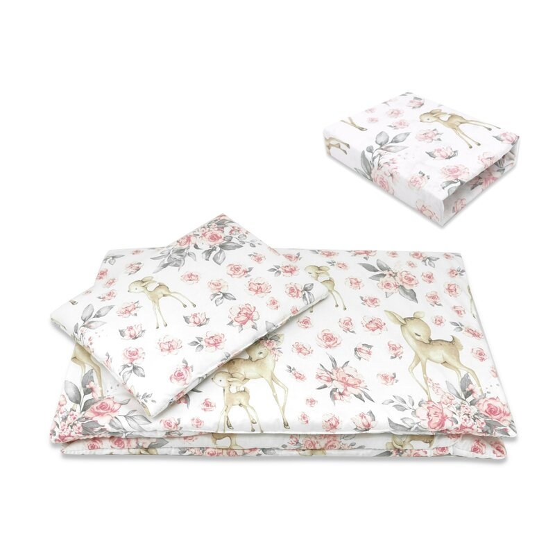 Lenjerie patut cu 5 piese, MimiNu, Cu cearceaf 120x60 cm, Pilota, Pernuta, 2 aparatori, Din bumbac certificat Oeko Tex Standard 100, Sweet Deer Pink