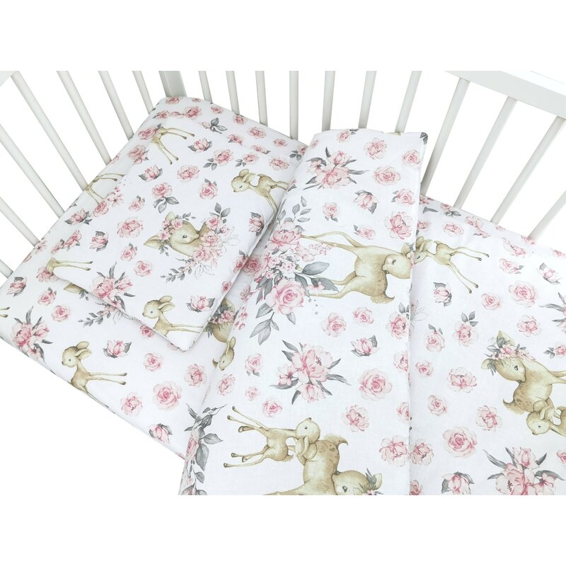 Lenjerie patut cu 3 piese, MimiNu, Cu cearceaf 120x60 cm, Pilota, Pernuta, Din bumbac certificat Oeko Tex Standard 100, Sweet Deer Pink