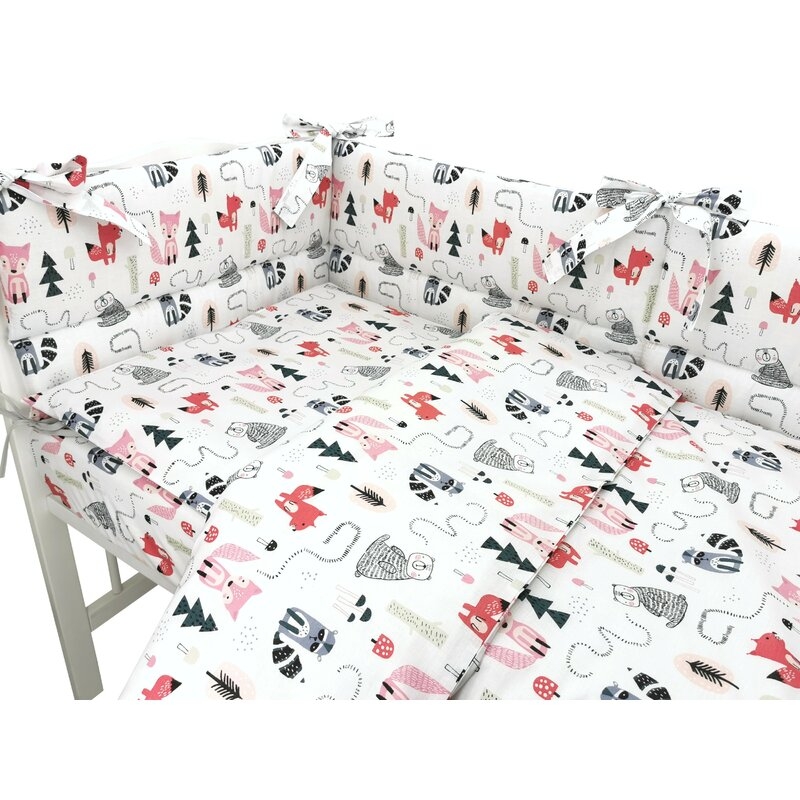 Lenjerie patut cu 3 piese, MimiNu, Pentru patut 120x60 cm, Cu protectie laterala, Din bumbac certificat Oeko Tex Standard 100, Design, Fox