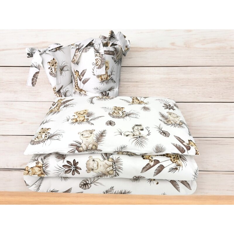 Lenjerie patut cu 3 piese, MimiNu, Pentru patut 120x60 cm, Cu protectie laterala, Din bumbac certificat Oeko Tex Standard 100, Savanna