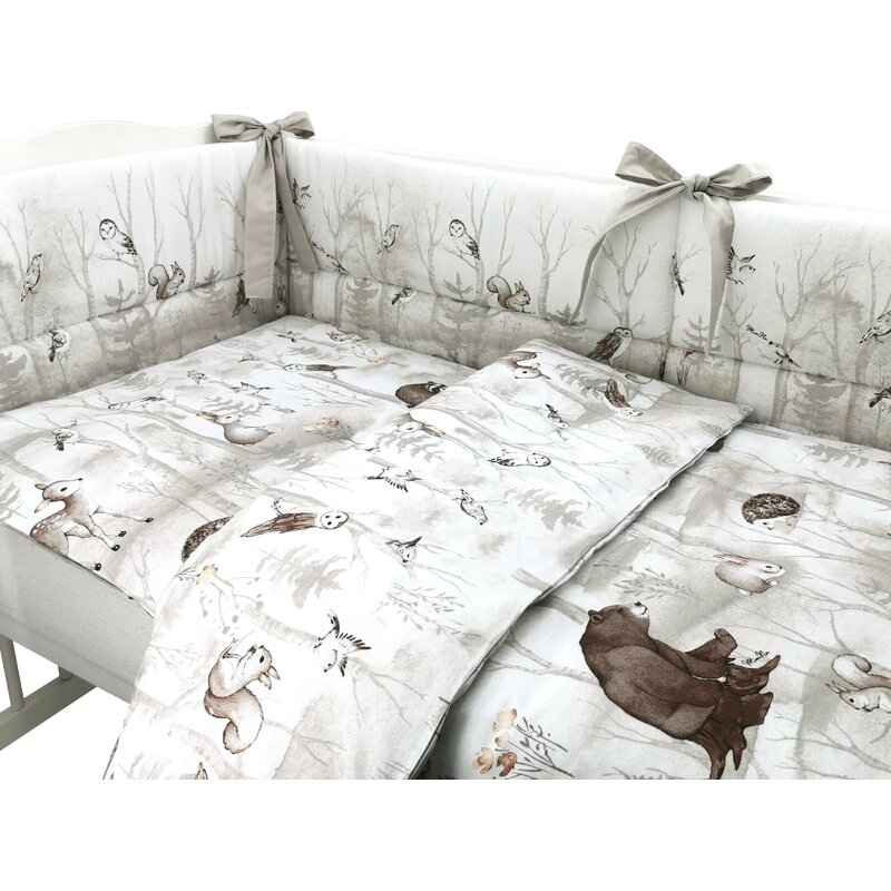 Lenjerie patut cu 3 piese, MimiNu, Pentru patut 120x60 cm, Cu protectie laterala, Din bumbac, Din bumbac certificat Oeko Tex Standard 100, Design, Woodland