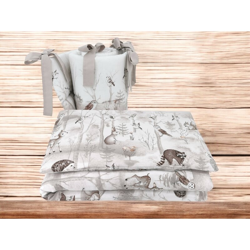 Lenjerie patut cu 3 piese, MimiNu, Pentru patut 120x60 cm, Cu protectie laterala, Din bumbac, Din bumbac certificat Oeko Tex Standard 100, Design, Woodland