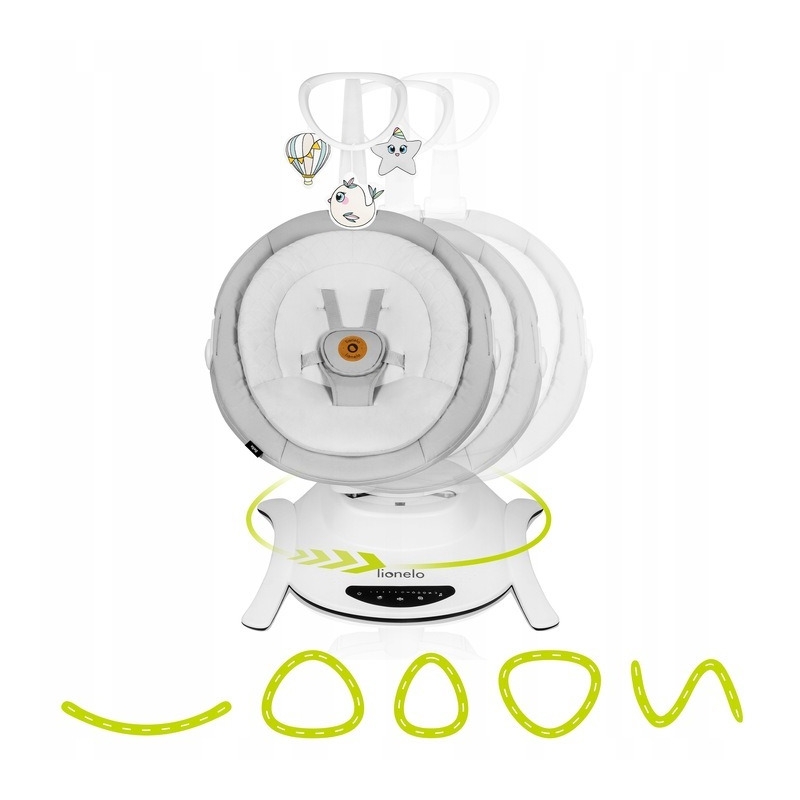 Lionelo - Balansoar multifunctional Bella, Electric, Scaun reglabil, Ecran tactil si telecomanda, 6 miscari unice, 5 viteze, Cu melodii, Gri
