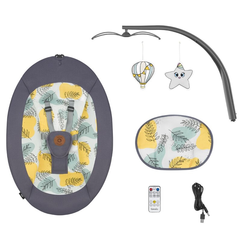 Lionelo - Balansoar si sezlong copii, Ralf, 2 in 1, Electric, Cu telecomanda si cablu USB, Cu miscare laterala de balansare si 5 niveluri diferite de viteza, Cu 12 melodii, Gri